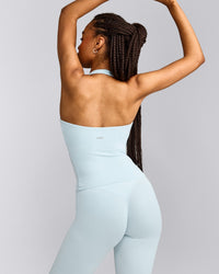 SoftMotion™ Halter Neck Tank Top with Built in Bra Shelf with Grey Logo | Cloud Blue