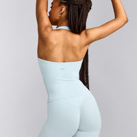 SoftMotion™ Halter Neck Tank Top with Built in Bra Shelf with Grey Logo | Cloud Blue