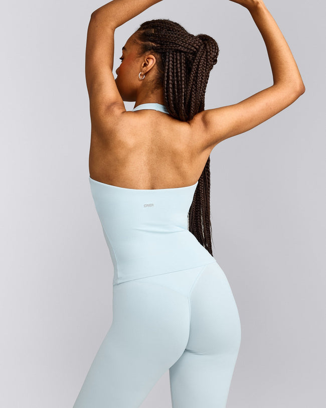SoftMotion™ Halter Neck Tank Top with Built in Bra Shelf with Grey Logo | Cloud Blue