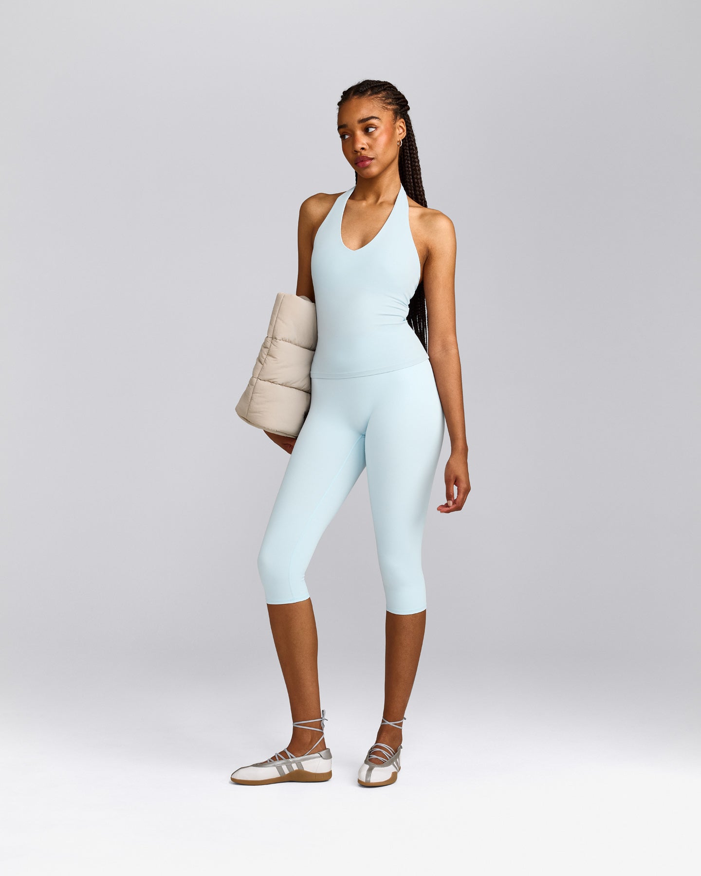 SoftMotion™ Halter Neck Tank Top with Built in Bra Shelf with Grey Logo | Cloud Blue