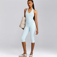 SoftMotion™ Halter Neck Tank Top with Built in Bra Shelf with Grey Logo | Cloud Blue