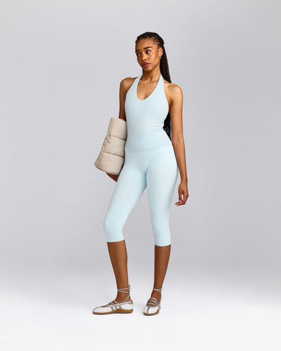 SoftMotion™ Halter Neck Tank Top with Built in Bra Shelf with Grey Logo | Cloud Blue