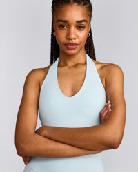 SoftMotion™ Halter Neck Tank Top with Built in Bra Shelf with Grey Logo | Cloud Blue