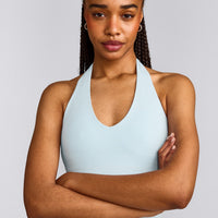 SoftMotion™ Halter Neck Tank Top with Built in Bra Shelf with Grey Logo | Cloud Blue