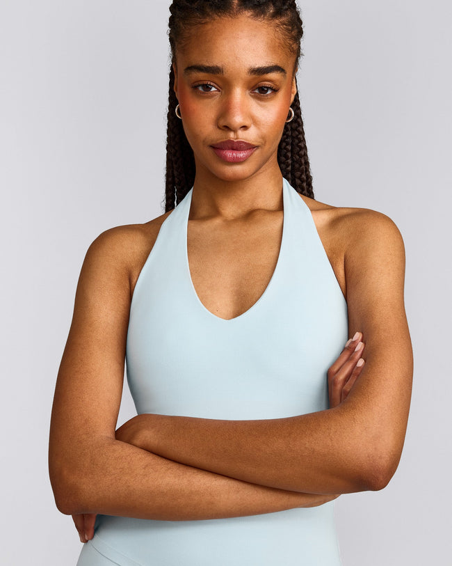 SoftMotion™ Halter Neck Tank Top with Built in Bra Shelf with Grey Logo | Cloud Blue