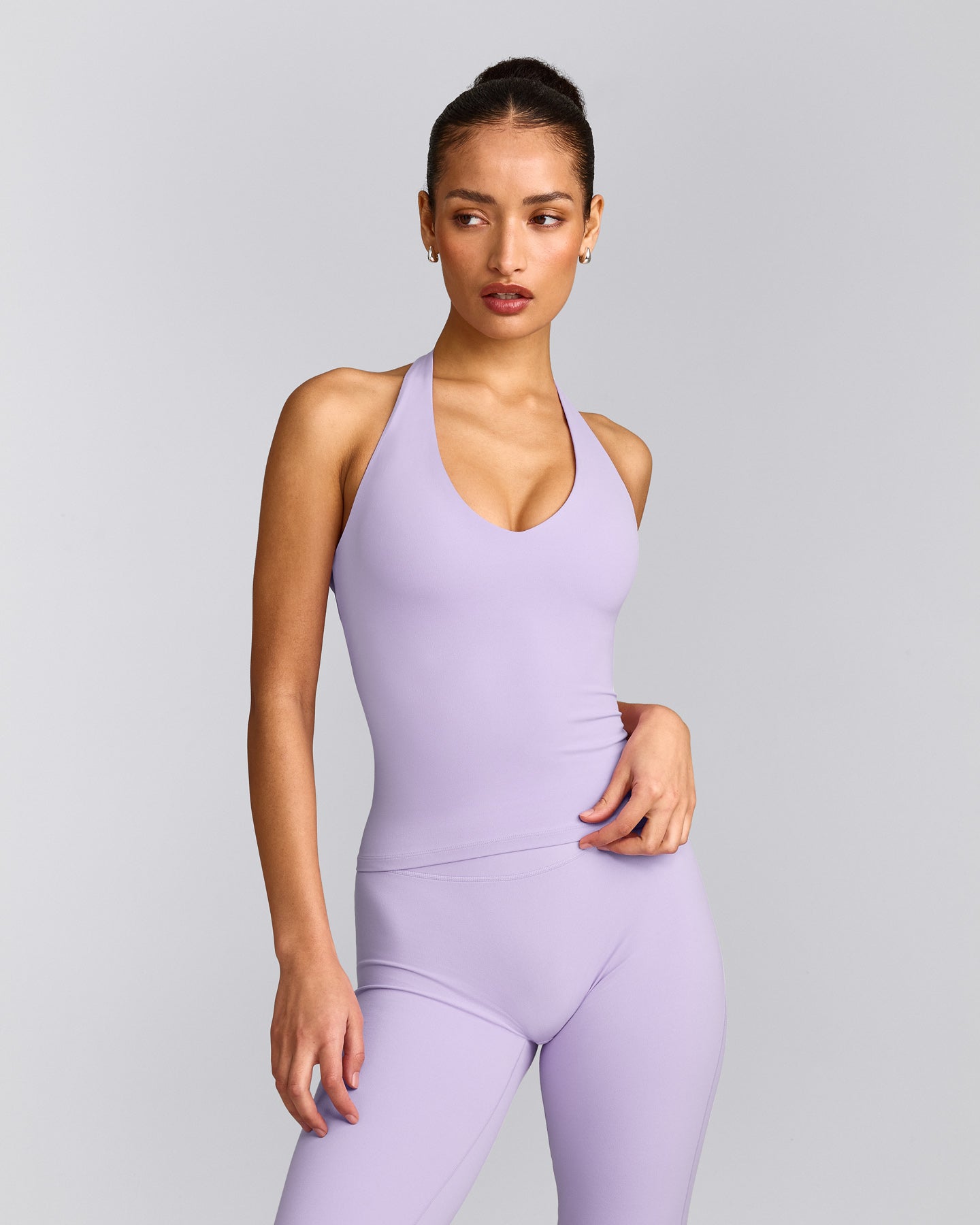 SoftMotion™ Halter Neck Tank Top with Built in Bra Shelf with Grey Logo | Lavender Purple