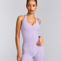 SoftMotion™ Halter Neck Tank Top with Built in Bra Shelf with Grey Logo | Lavender Purple
