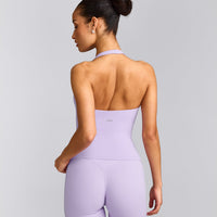 SoftMotion™ Halter Neck Tank Top with Built in Bra Shelf with Grey Logo | Lavender Purple