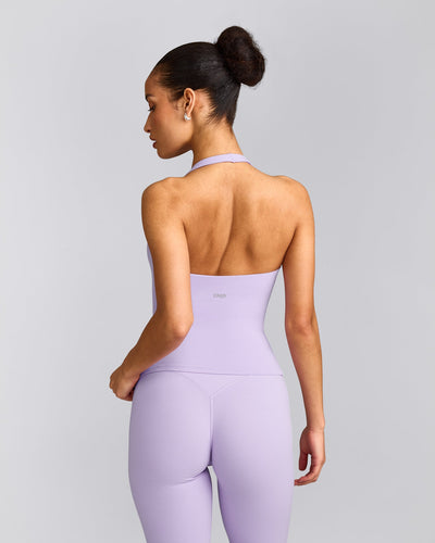 SoftMotion™ Halter Neck Tank Top with Built in Bra Shelf with Grey Logo | Lavender Purple