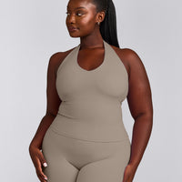 SoftMotion™ Halter Neck Tank Top with Built in Bra Shelf with Grey Logo | Minky