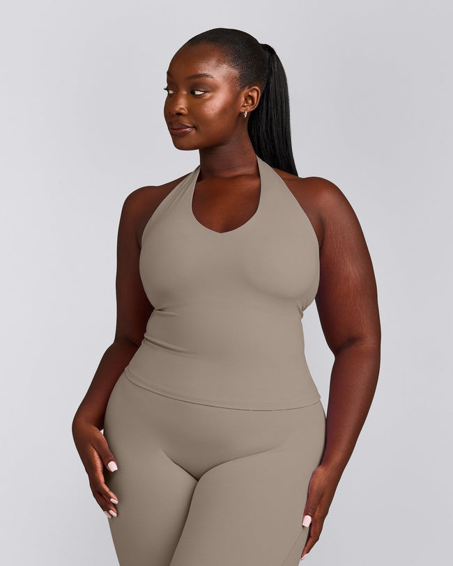 SoftMotion™ Halter Neck Tank Top with Built in Bra Shelf with Grey Logo | Minky