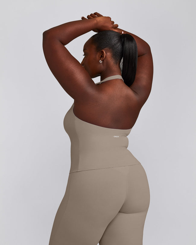 SoftMotion™ Halter Neck Tank Top with Built in Bra Shelf with Grey Logo | Minky