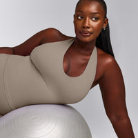 SoftMotion™ Halter Neck Tank Top with Built in Bra Shelf with Grey Logo | Minky