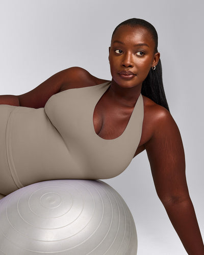 SoftMotion™ Halter Neck Tank Top with Built in Bra Shelf with Grey Logo | Minky