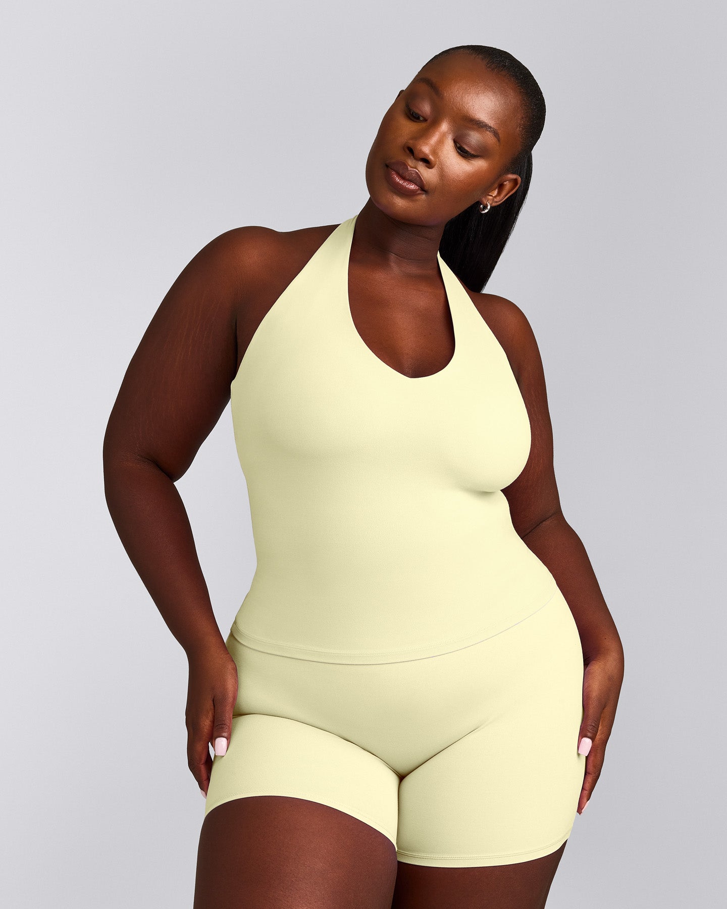 SoftMotion™ Halter Neck Tank Top with Built in Bra Shelf with Grey Logo | Pastel Yellow