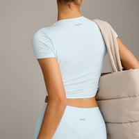 SoftMotion™ High Waisted Leggings with Grey Logo | Cloud Blue