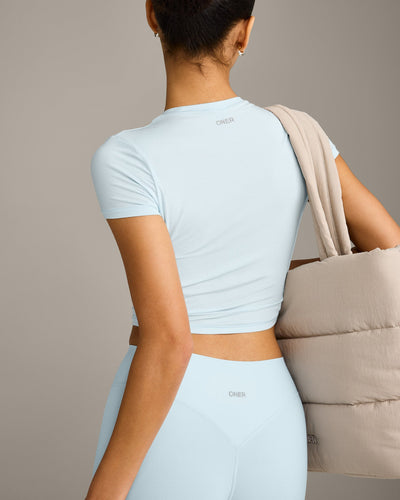 SoftMotion™ High Waisted Leggings with Grey Logo | Cloud Blue