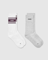 Varsity Long Crew Socks 2 Pack | Grey Marl/ White/ Blackberry