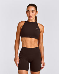 EasyLift™ High Neck Sports Bra with Grey Logo | 70% Cocoa