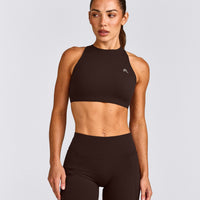 EasyLift™ High Neck Sports Bra with Grey Logo | 70% Cocoa