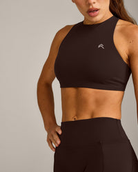 EasyLift™ High Neck Sports Bra with Grey Logo | 70% Cocoa