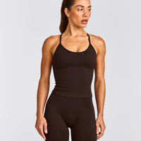 EnhanceLift™ Seamless Strappy Racer Vest with Built in Bra Shelf with Grey Logo | 70% Cocoa