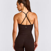 EnhanceLift™ Seamless Strappy Racer Vest with Built in Bra Shelf with Grey Logo | 70% Cocoa