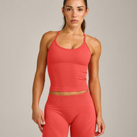EnhanceLift™ Seamless Strappy Racer Vest with Built in Bra Shelf with Grey Logo | Dark Charged Coral