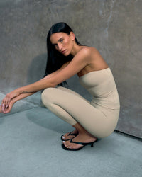 SoftMotion™ Bandeau Tank Top with Built in Bra Shelf with Grey Logo | Oatmeal