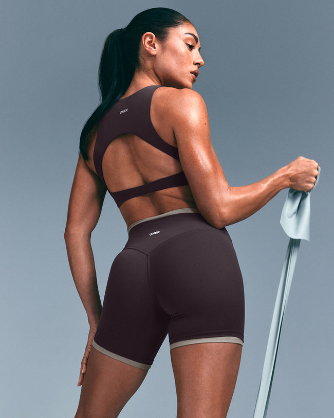 SoftMotion™ High Neck Sports Bra with Grey Logo | Dark Umber Brown