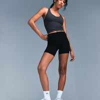 SoftMotion™ Racer Back Mid Tank Top with Built in Bra Shelf with Grey Logo | Coal