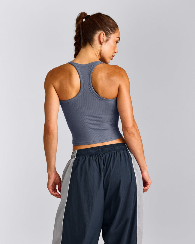 Mellow™ Rib Racer Back Mid Tank Top with Built in Bra Shelf | Granite Blue