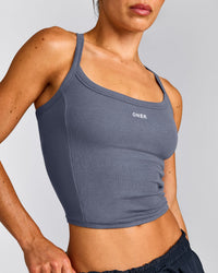Mellow™ Rib Racer Back Mid Tank Top with Built in Bra Shelf | Granite Blue
