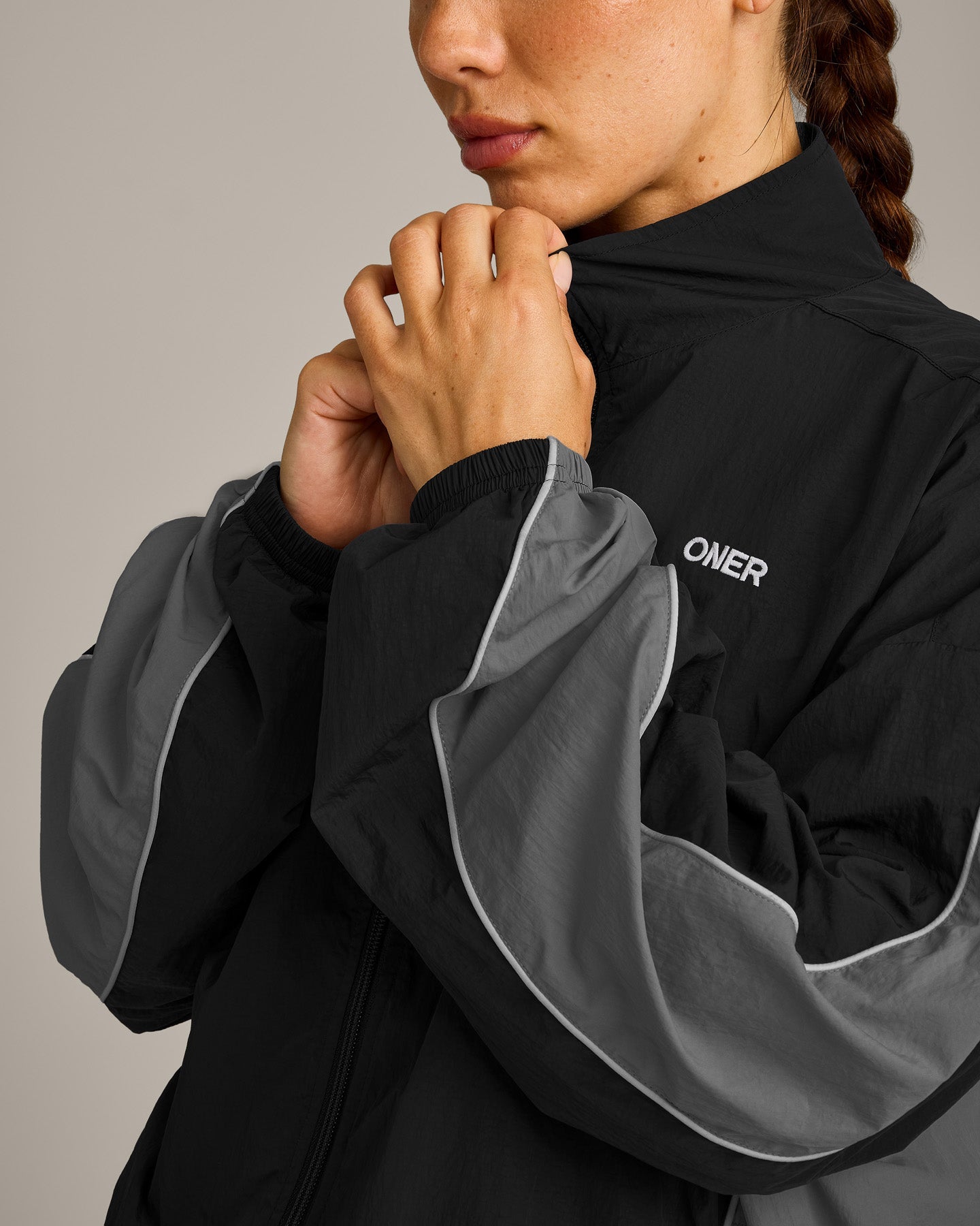 Oversized Contrast Piped Woven Track Jacket | Black