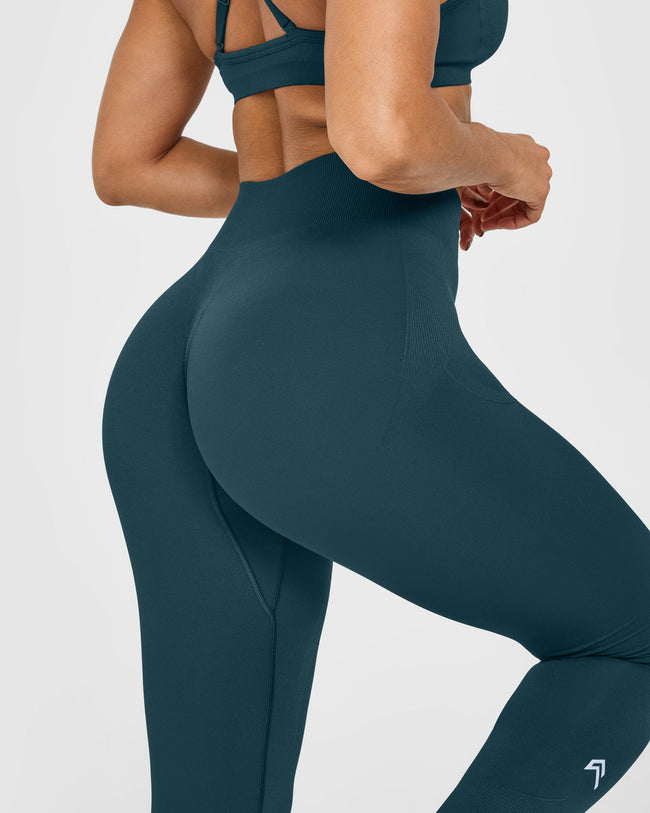 EnhanceLift™ Seamless Leggings with White Logo | Washed Oil Blue