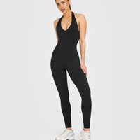 SoftMotion™ Halter Neck All In One Long with White Logo | Black