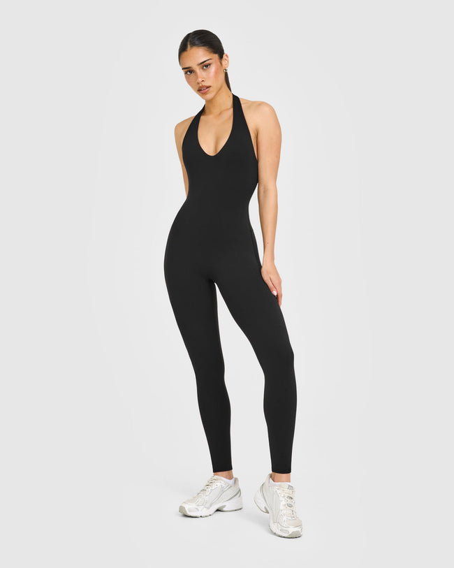 SoftMotion™ Halter Neck All In One Long with White Logo | Black