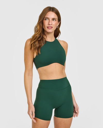 SoftMotion™ High Neck Sports Bra with White Logo | Dark Racing Green