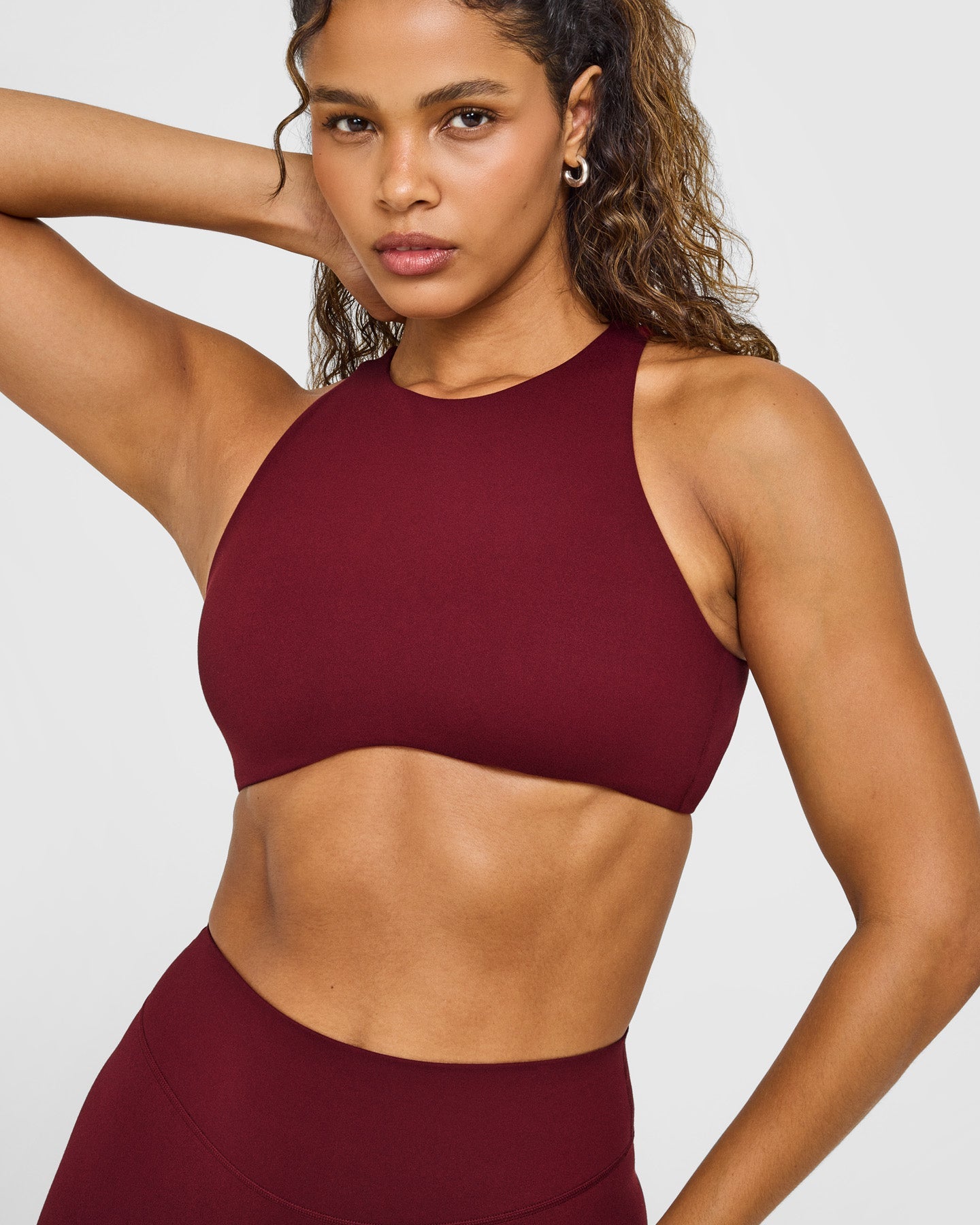 SoftMotion™ High Neck Sports Bra with White Logo | Light Rosewood