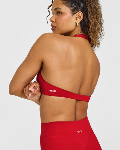 SoftMotion™ Minimal Halter Neck Bralette with White Logo | Light Toasted Red