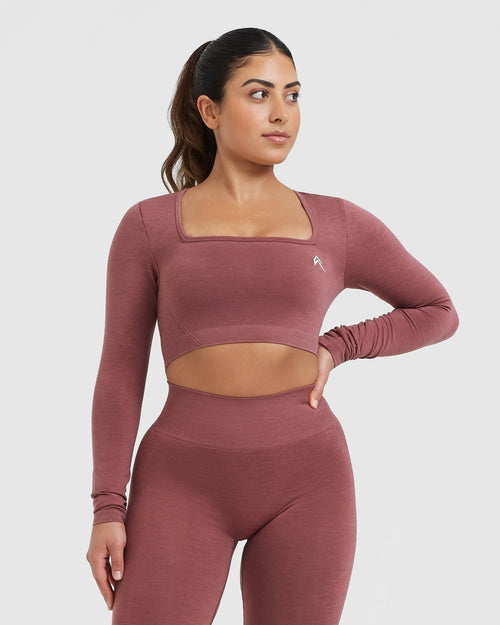 Oner Modal Effortless Square Neck Crop Long Sleeve Top with White Logo | Berry