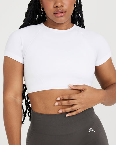 Effortless Seamless Short Sleeve Crop Top with White Logo | White