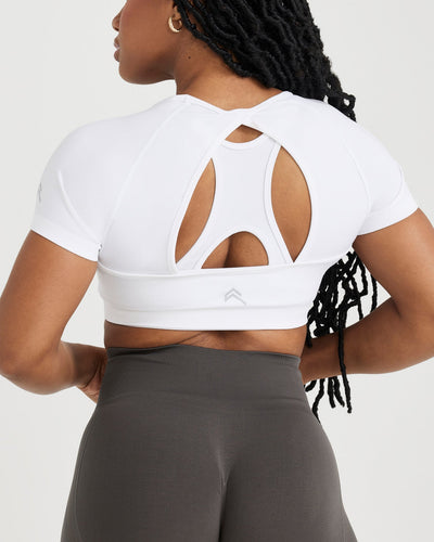 Effortless Seamless Short Sleeve Crop Top with White Logo | White